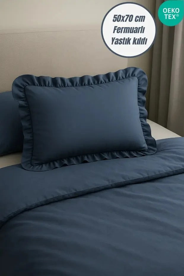 %100 Pamuklu Fırfırlı Yastık Kılıfı 50x70 cm-İndigo Mavi