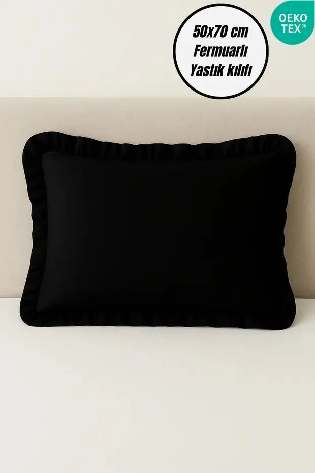 %100 Pamuklu Fırfırlı Yastık Kılıfı 50x70 cm-Siyah