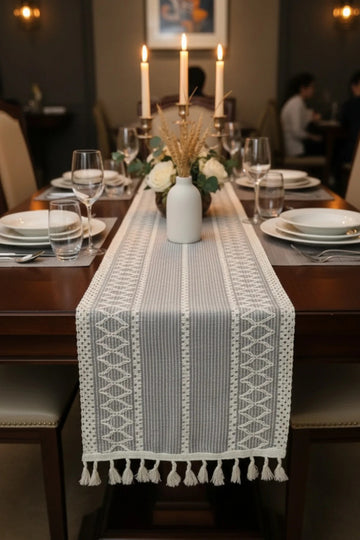 Vintage | Örgü Dokuma Püsküllü Runner - Rustik Çeyizlik Sofra ve Masa Sunum Örtüsü 30x130cm