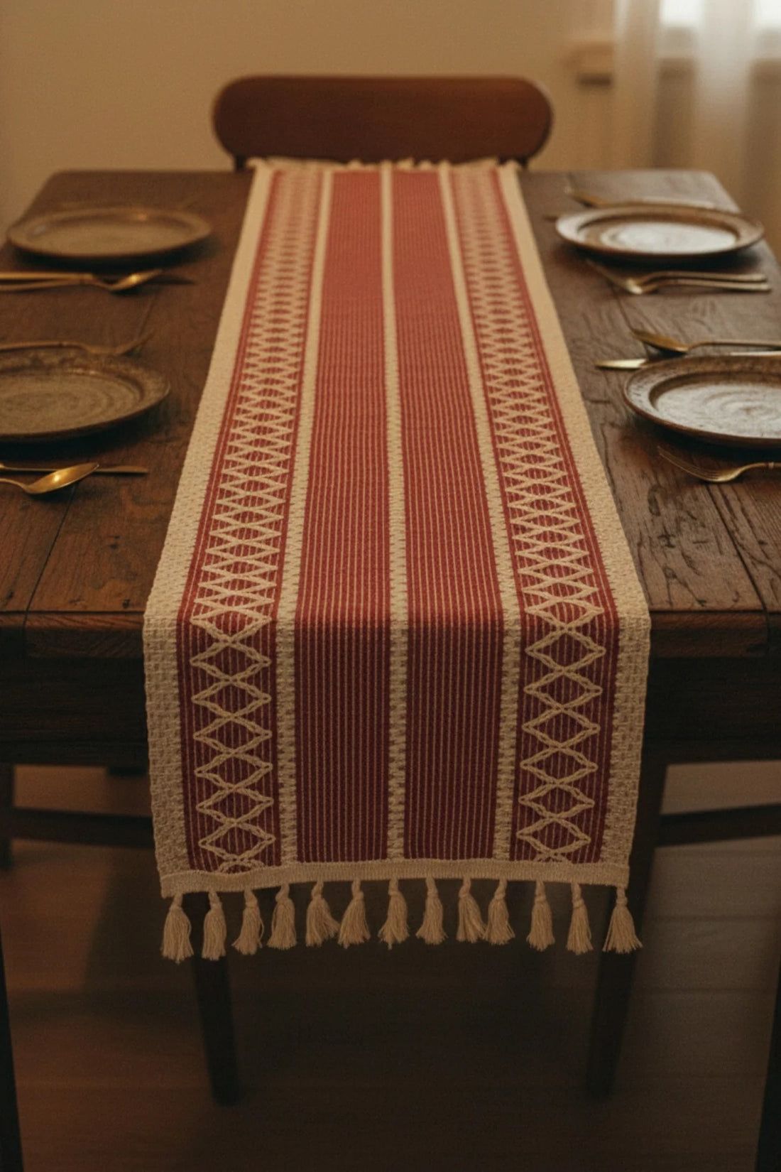 Vintage | Örgü Dokuma Püsküllü Runner - Rustik Çeyizlik Sofra ve Masa Sunum Örtüsü 30x130cm