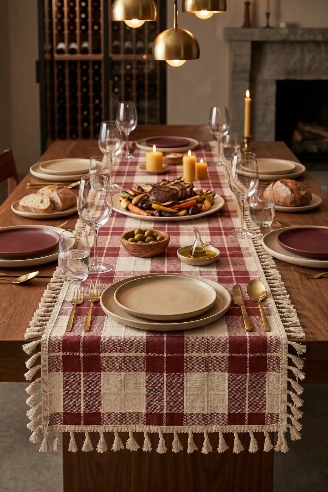 %100 Pamuklu Buldan Monika Runner 40x150 cm – Bordo Ekru Kareli, 4 Tarafı Püsküllü, Bohem Vintage Masa Örtüsü