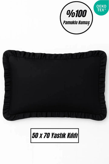 %100 Pamuklu Fırfırlı Yastık Kılıfı 50x70 cm-Siyah