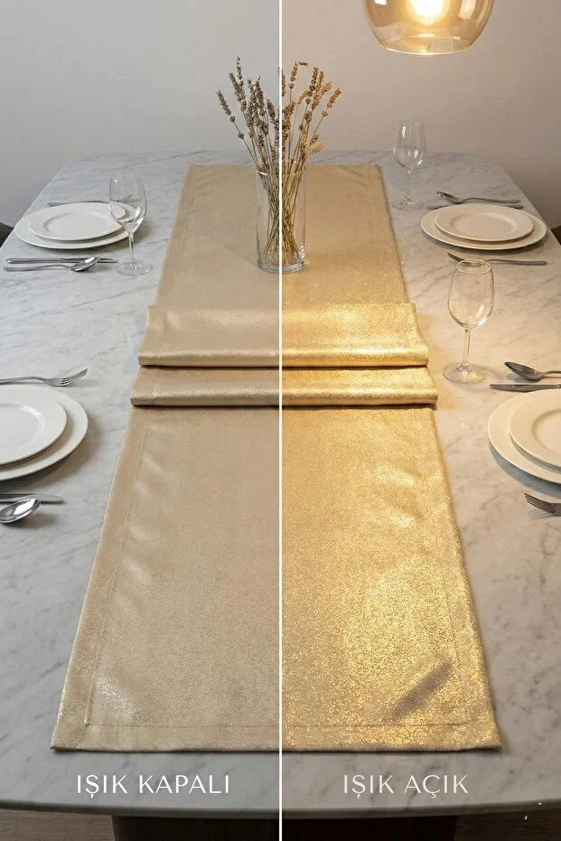 LUMEN Serisi | Simli Runner Gold Premium Çeyizlik Lüks Şık Masa Örtüsü Altın Runner