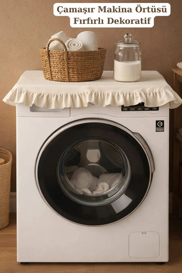 Vintage Fırfırlı Çamaşır Makinesi Örtüsü - Çeyizlik Pamuklu Dekoratif Banyo Makine Kılıfı