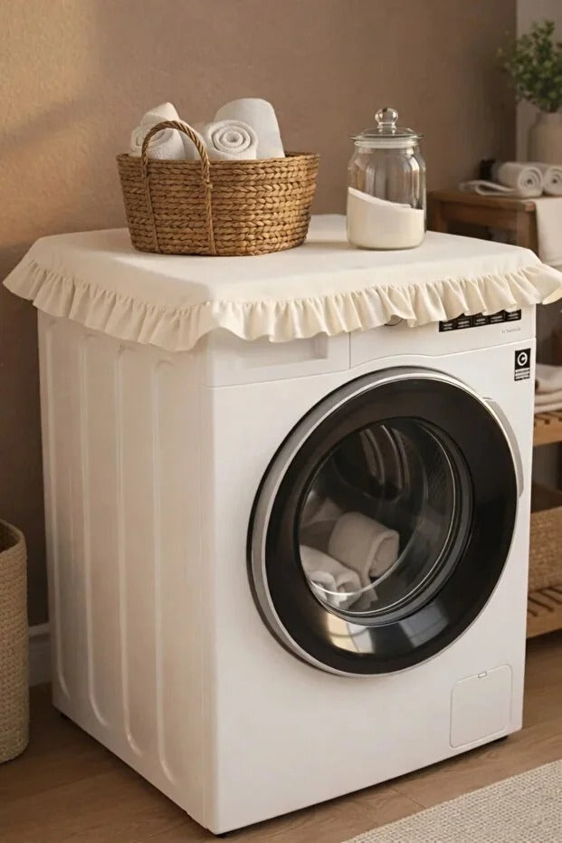 Vintage Fırfırlı Çamaşır Makinesi Örtüsü - Çeyizlik Pamuklu Dekoratif Banyo Makine Kılıfı