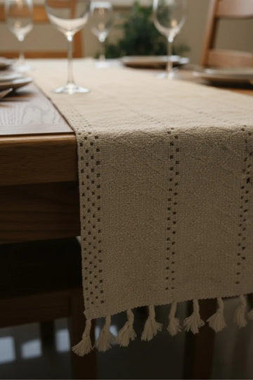 Vintage | Örgü Dokuma Püsküllü Runner - Rustik Çeyizlik Sofra ve Masa Sunum Örtüsü 30x130cm