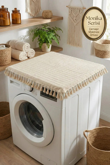 Vintage Püsküllü Çamaşır Makinesi Örtüsü - Çeyizlik Buldan Bezi Dekoratif Banyo Makine Kılıfı
