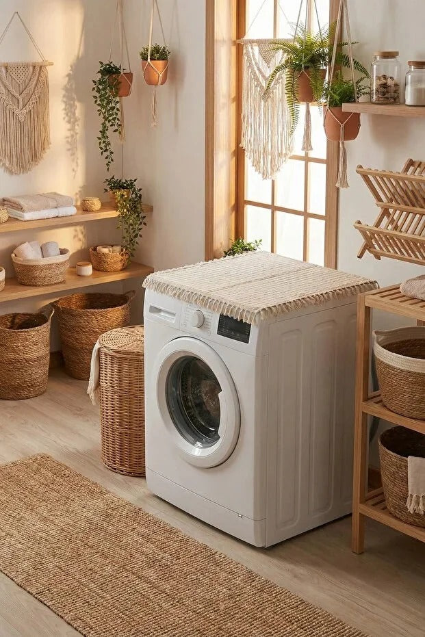 Vintage Püsküllü Çamaşır Makinesi Örtüsü - Çeyizlik Buldan Bezi Dekoratif Banyo Makine Kılıfı