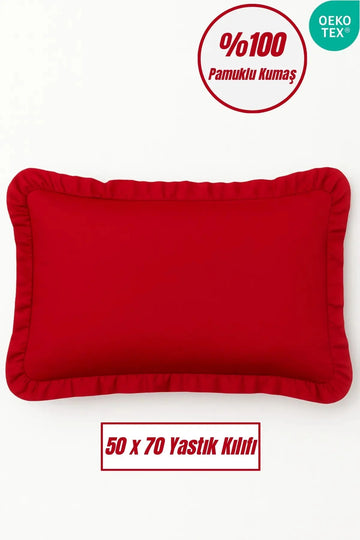 %100 Pamuklu Fırfırlı Yastık Kılıfı 50x70 cm-Kırmızı