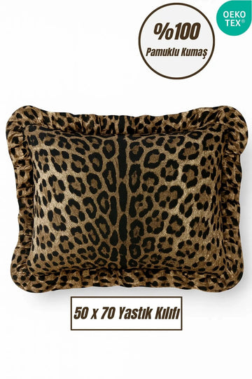 %100 Pamuklu Fırfırlı Yastık Kılıfı 50x70 cm-Leopar
