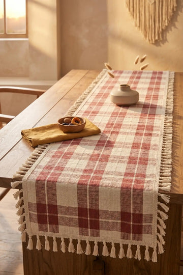 %100 Pamuklu Buldan Monika Runner 40x150 cm – Bordo Ekru Kareli, 4 Tarafı Püsküllü, Bohem Vintage Masa Örtüsü