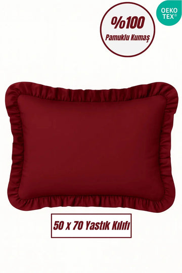 %100 Pamuklu Fırfırlı Yastık Kılıfı 50x70 cm-Bordo