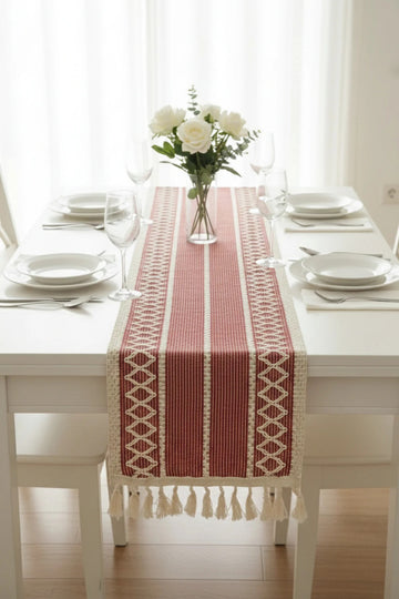Vintage | Örgü Dokuma Püsküllü Runner - Rustik Çeyizlik Sofra ve Masa Sunum Örtüsü 30x130cm