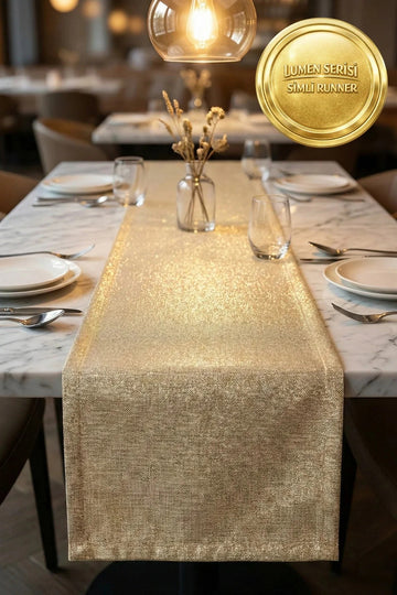 LUMEN Serisi | Simli Runner Gold Premium Çeyizlik Lüks Şık Masa Örtüsü Altın Runner