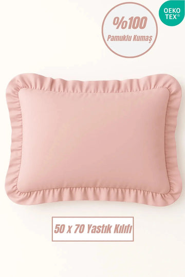 %100 Pamuklu Fırfırlı Yastık Kılıfı 50x70 cm-Pudra