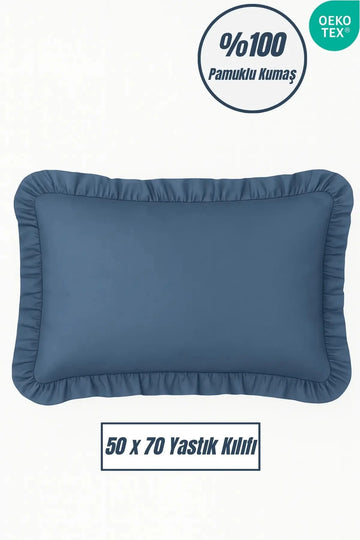 %100 Pamuklu Fırfırlı Yastık Kılıfı 50x70 cm-İndigo Mavi