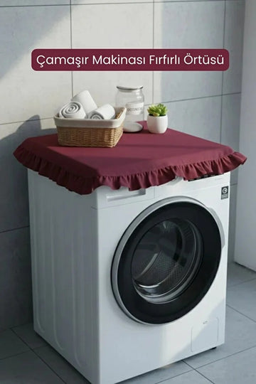 Vintage Fırfırlı Çamaşır Makinesi Örtüsü - Çeyizlik Pamuklu Dekoratif Banyo Makine Kılıfı