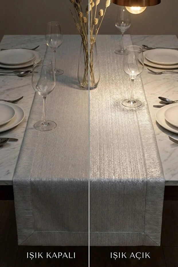 LUMEN Serisi | Simli Runner Silver Premium Çeyizlik Lüks Şık Masa Örtüsü Gümüş Runner 40x150