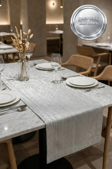 LUMEN Serisi | Simli Runner Silver Premium Çeyizlik Lüks Şık Masa Örtüsü Gümüş Runner 40x150