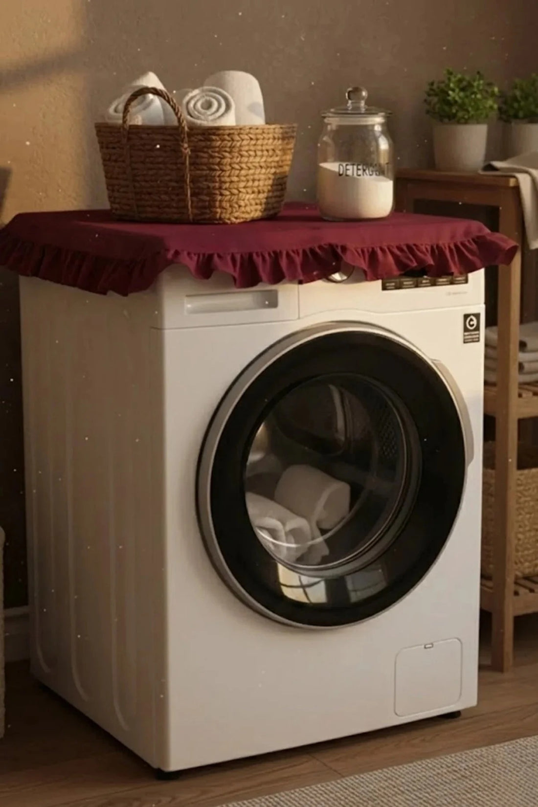 Vintage Fırfırlı Çamaşır Makinesi Örtüsü - Çeyizlik Pamuklu Dekoratif Banyo Makine Kılıfı