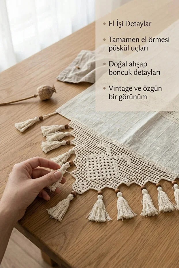 Handmade | El İşi Püsküllü Vintage Dantelli Runner Masa Örtüsü – %100 Pamuk Monika Buldan Kumaş 45x140 cm