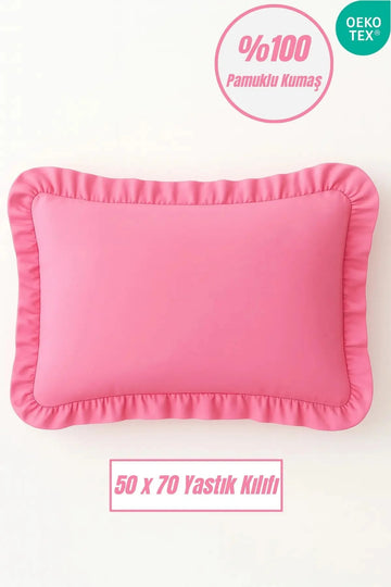 %100 Pamuklu Fırfırlı Yastık Kılıfı 50x70 cm-Pembe